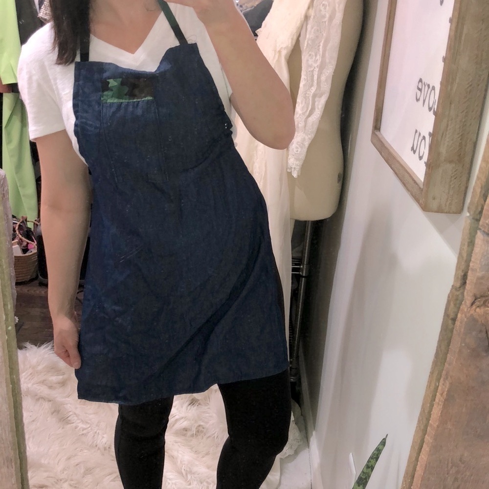 Small denim apron with camouflage trim handmade
